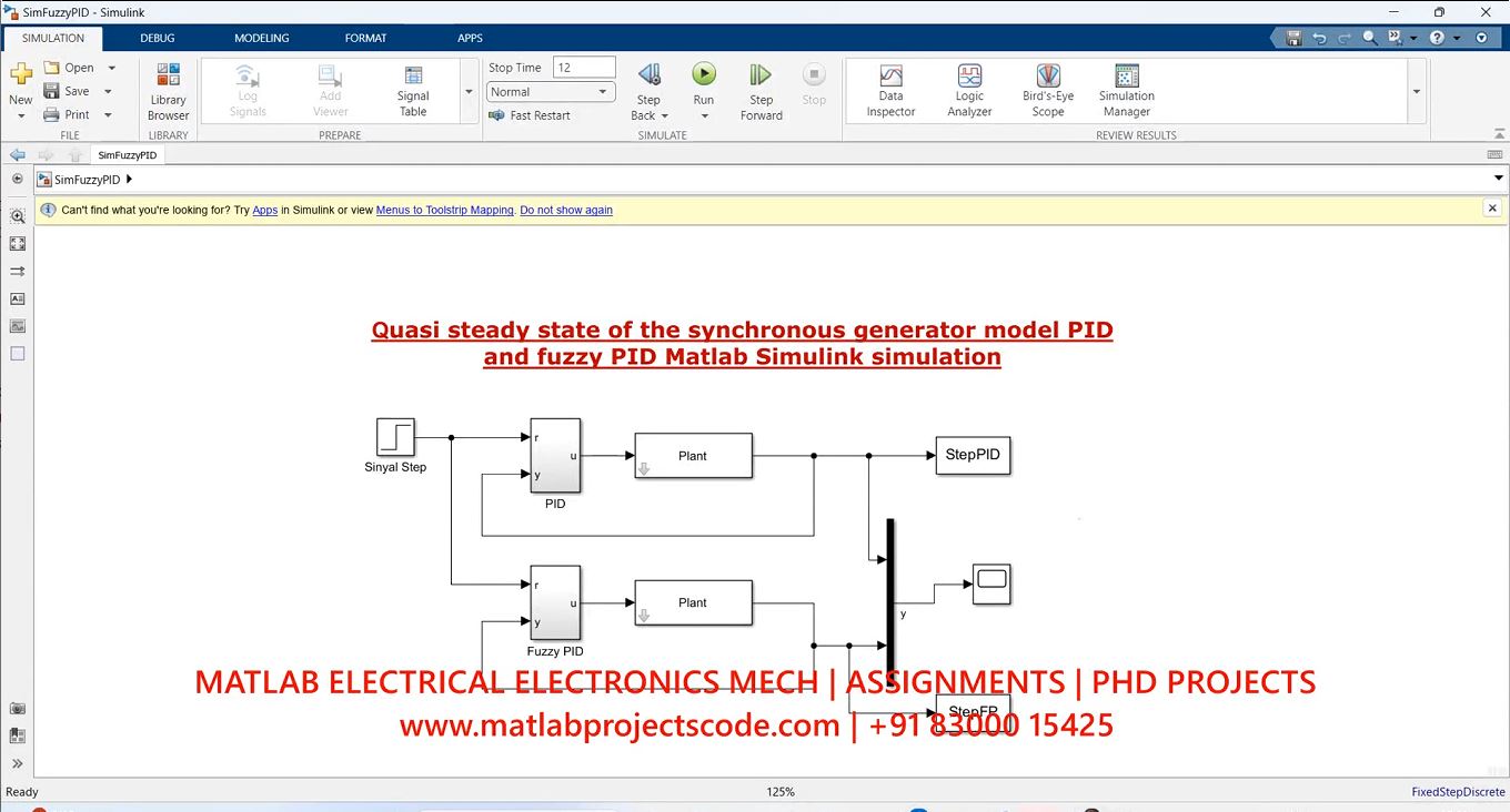Quasi Steady State Of The Synchronous Generator Model Pid And Fuzzy Pid Matlab Simulink Simulation-Electrical - Phd Research project simulation thumbnail for Control Systems Engineering