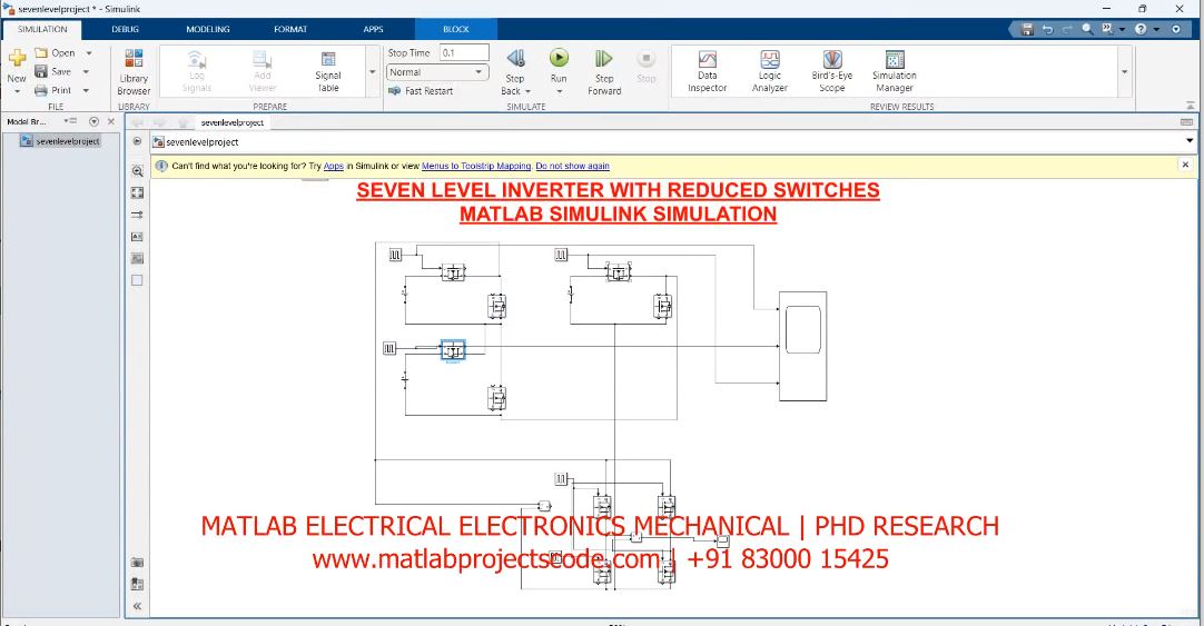 Seven Level Inverter With Reduced Switches Matlab Simulink Simulation - Electrical Phd Research project simulation thumbnail for Power Electronics Engineering