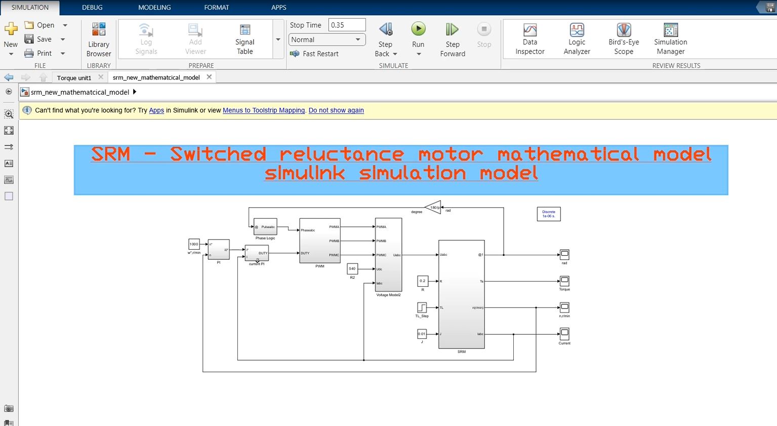 Srm - Switched Reluctance Motor Mathematical Model Simulink Simulation - Electrical Phd Research project simulation thumbnail for Mechanical, EV and Mechatronics Engineering