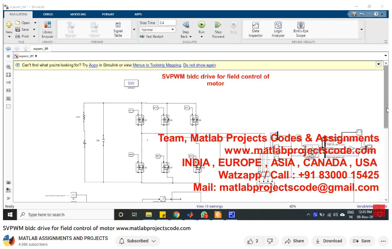 Svpwm Bldc Drive For Field Control Of Motor-Matlab Simulink-Electrical Assignments-Projects-Phd Research project simulation thumbnail for Mechanical, EV and Mechatronics Engineering