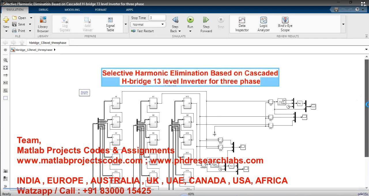 Selective Harmonic Elimination Based On Cascaded H-Bridge 13 Level Inverter For Three Phase project simulation thumbnail for Power Electronics Engineering