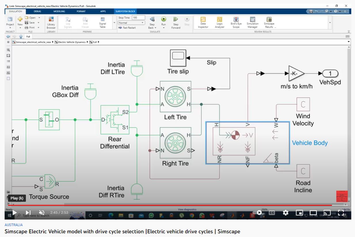Simscape Electric Vehicle Model with Drive Cycle Selection project simulation thumbnail for Mechanical, EV and Mechatronics Engineering