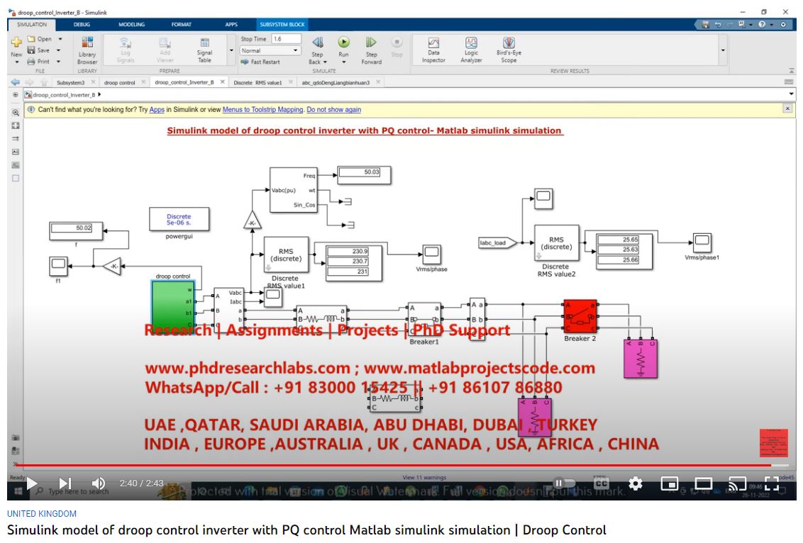 SIMULINK Model of Droop Control Inverter with PQ Control- MATLAB SIMULINK Simulation project simulation thumbnail for Power Electronics Engineering