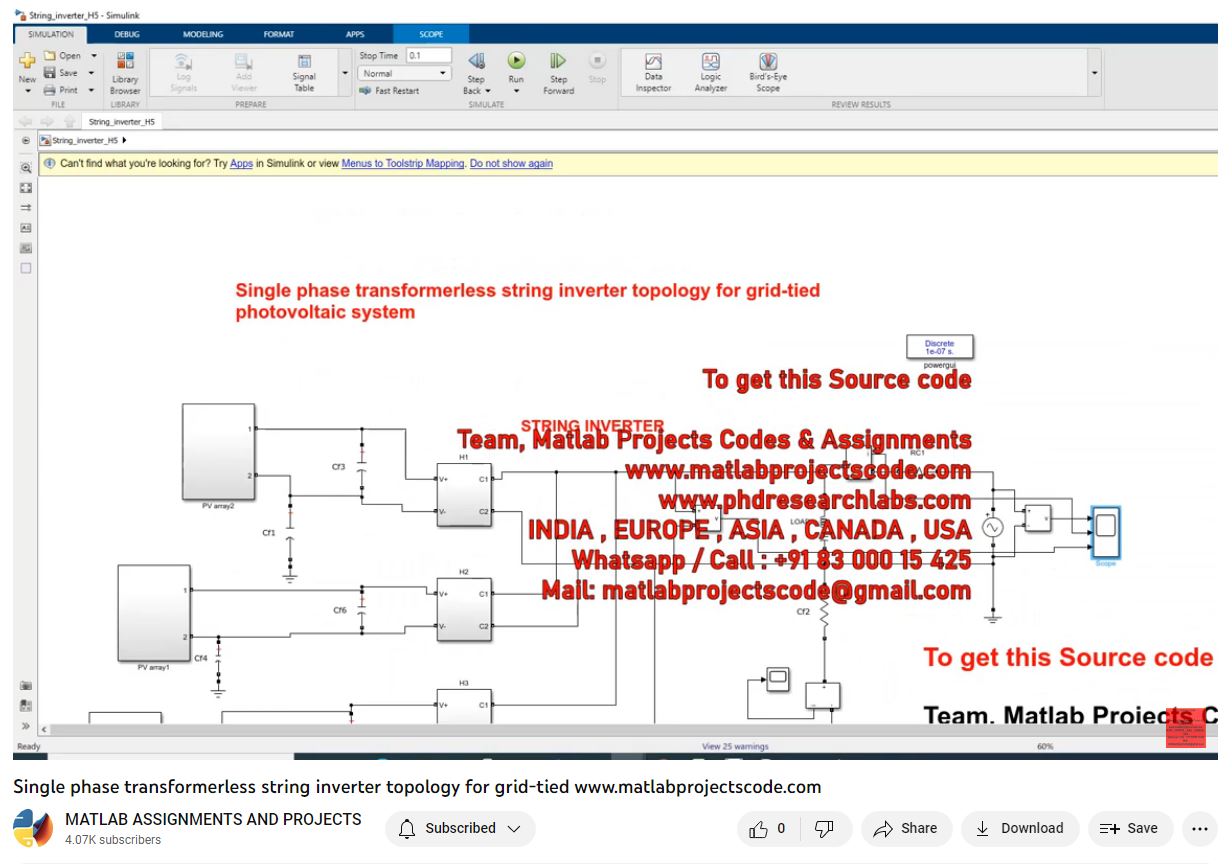 Single Phase Transformerless String Inverter Topology For Grid-Tied-Matlab Simulink-Electrical Assignments-Projects-Phd Research project simulation thumbnail for Power Electronics Engineering