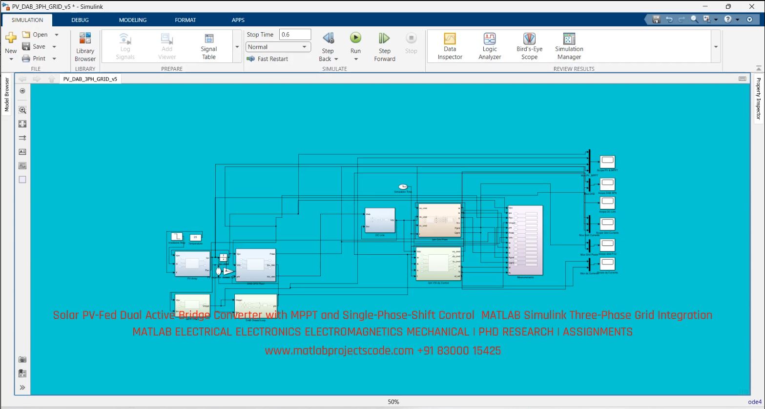 Solar PV-Fed Dual Active Bridge Converter with MPPT and Single-Phase-Shift Control MATLAB Simulink Three-Phase Grid Integration project thumbnail image