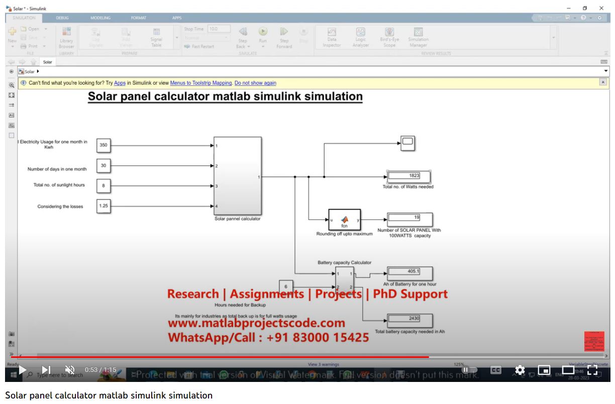 Solar Panel Calculator Matlab Simulink Simulation project simulation thumbnail for Renewable Energy Engineering