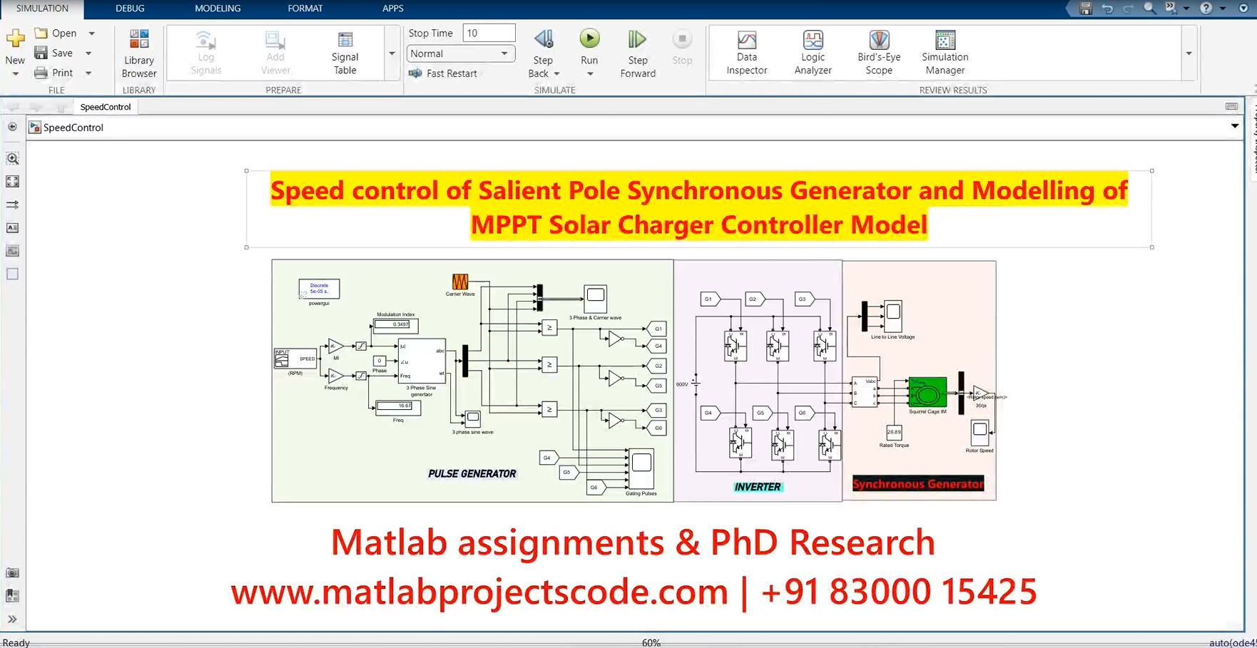 Speed Control Of Salient Pole Synchronous Generator And Modelling Of Mppt Solar Charger Controller Model - Matlab Simulink Simulation - Electrical Phd Research project simulation thumbnail for Renewable Energy Engineering