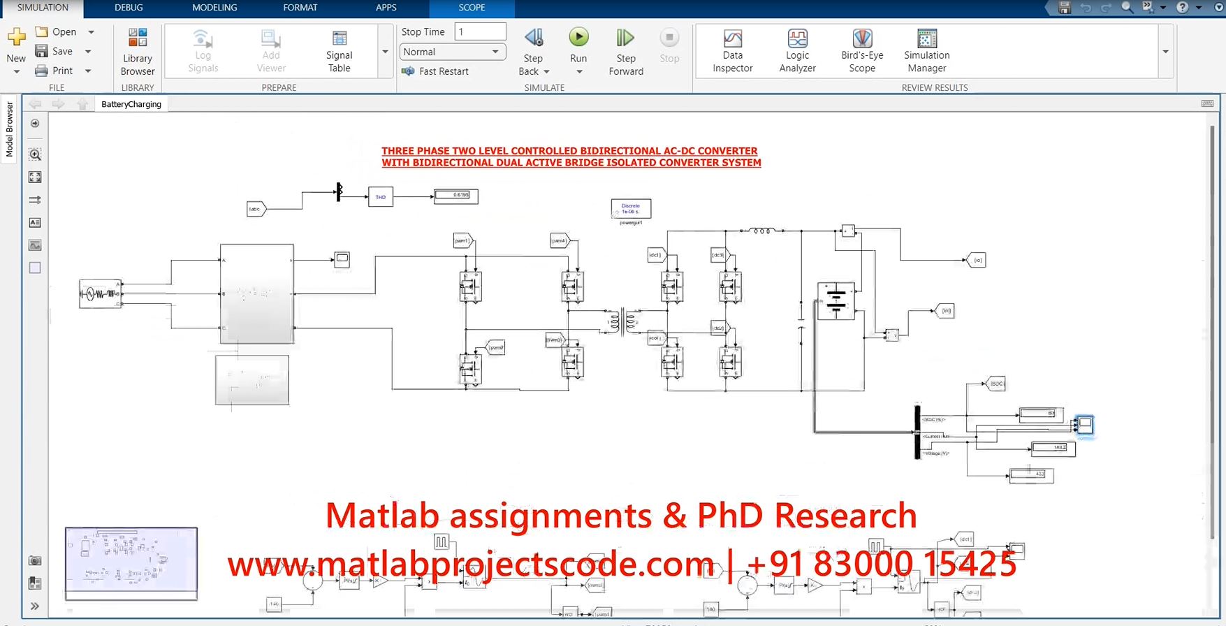 Three Phase Two Level Controlled Bidirectional Ac-Dc Converter With Bidirectional Dual Active Bridge Isolated Converter System project simulation thumbnail for Power Electronics Engineering