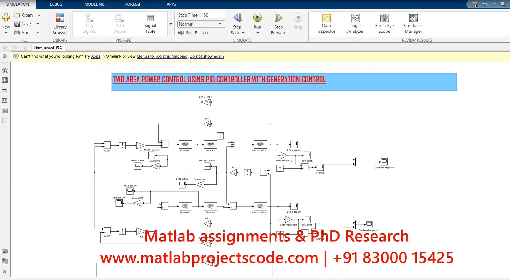 Two Area Power Control Using Pid Controller With Generation Control - Matlab Simulink Electrical Simulation project simulation thumbnail for Renewable Energy Engineering