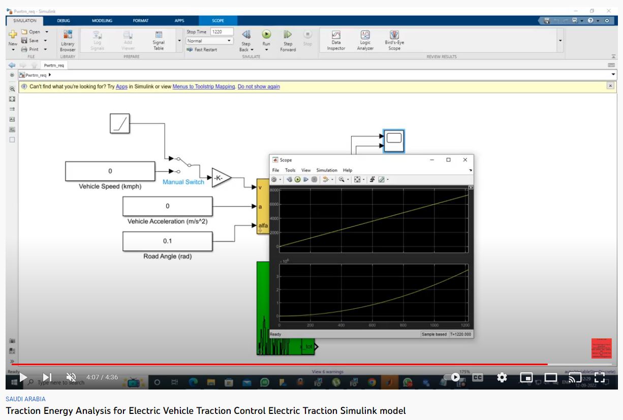 Traction Energy Analysis for Electric Vehicle - Electric Traction Control - MATLAB SIMULINK Model project simulation thumbnail for Mechanical, EV and Mechatronics Engineering