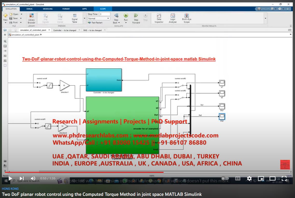 Two DoF Planar Robot Control using the Computed Torque Method in Joint Space-MATLAB SIMULINK project simulation thumbnail for Mechanical, EV and Mechatronics Engineering