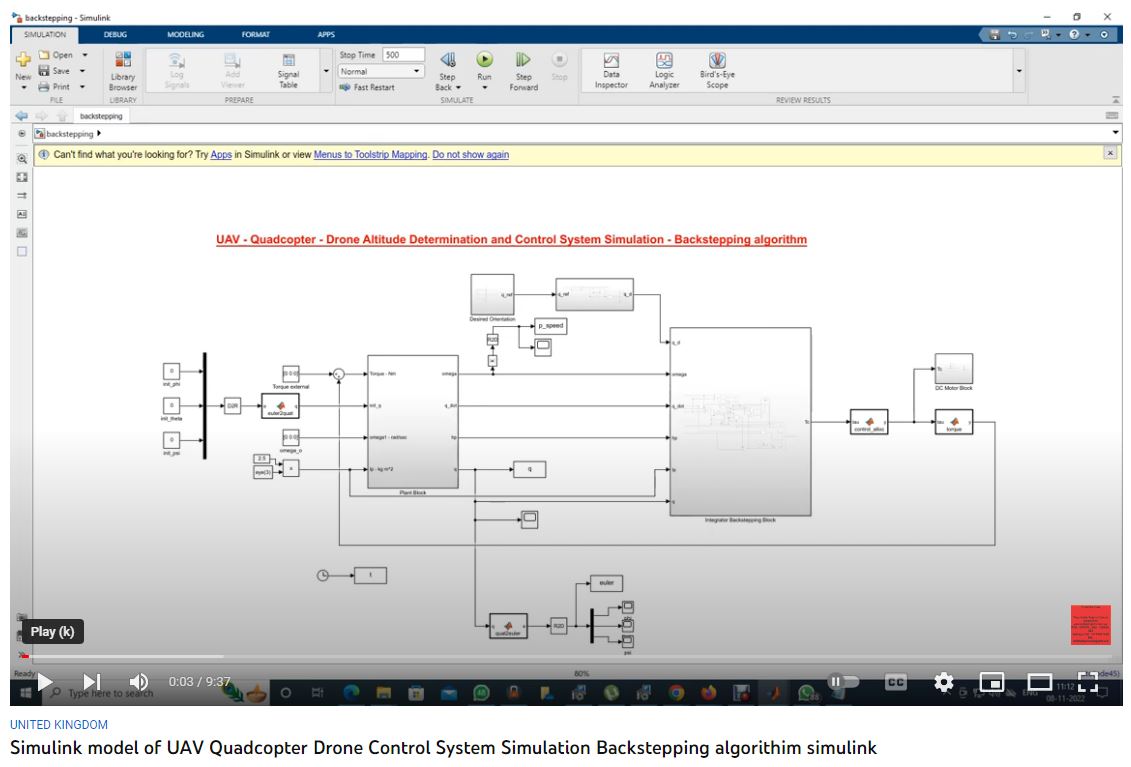 UAV - Quadcopter - Drone Altitude Determination and Control System Simulation - Backstepping Algorithm project simulation thumbnail for Mechanical, EV and Mechatronics Engineering
