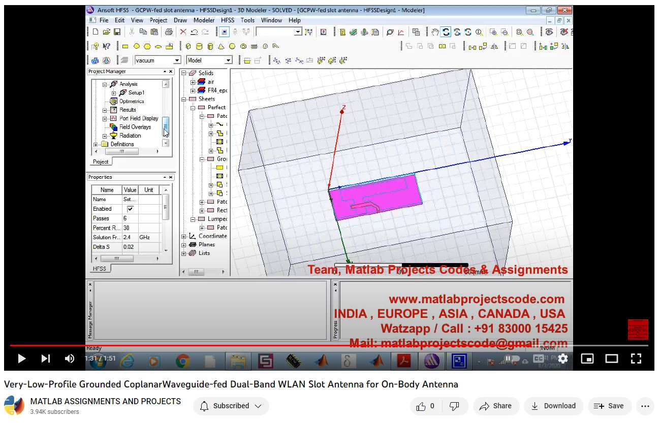 Very-Low-Profile Grounded Coplanarwaveguide-Fed Dual-Band Wlan Slot Antenna For On-Body Antenna project simulation thumbnail for Electromagnetics and RF Engineering